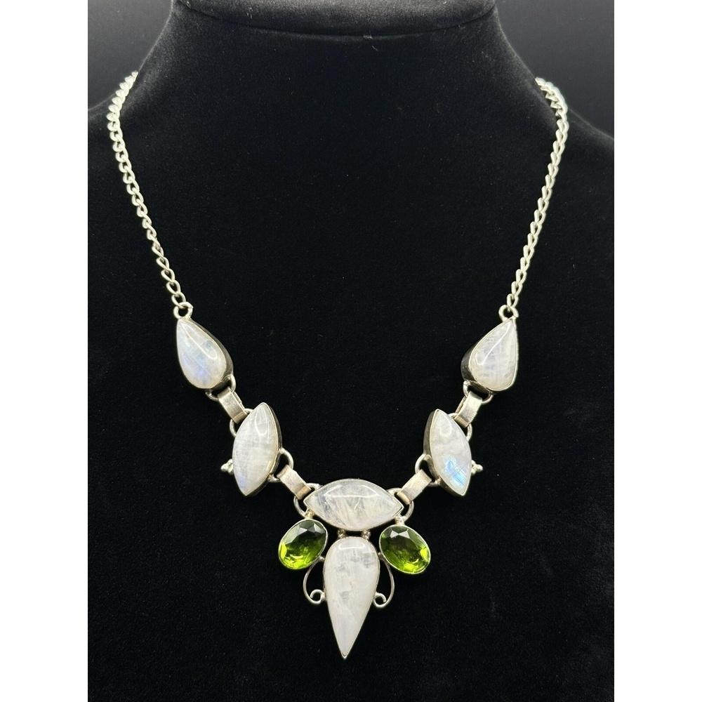 Moonstone Green Glass Crystal 925 Statement‎ Bib Necklace Bold Teardrop Stones